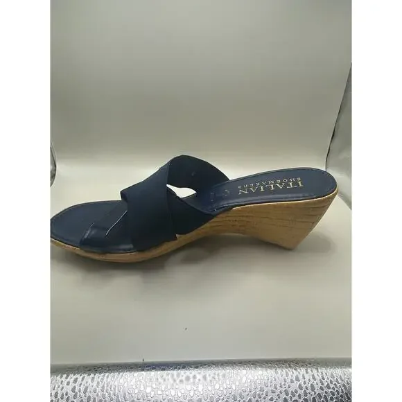 Italian Shoemakers Woman 10 Blue Elastic Straps Wedge Sandals Slide Slip On - Picture 8 of 9